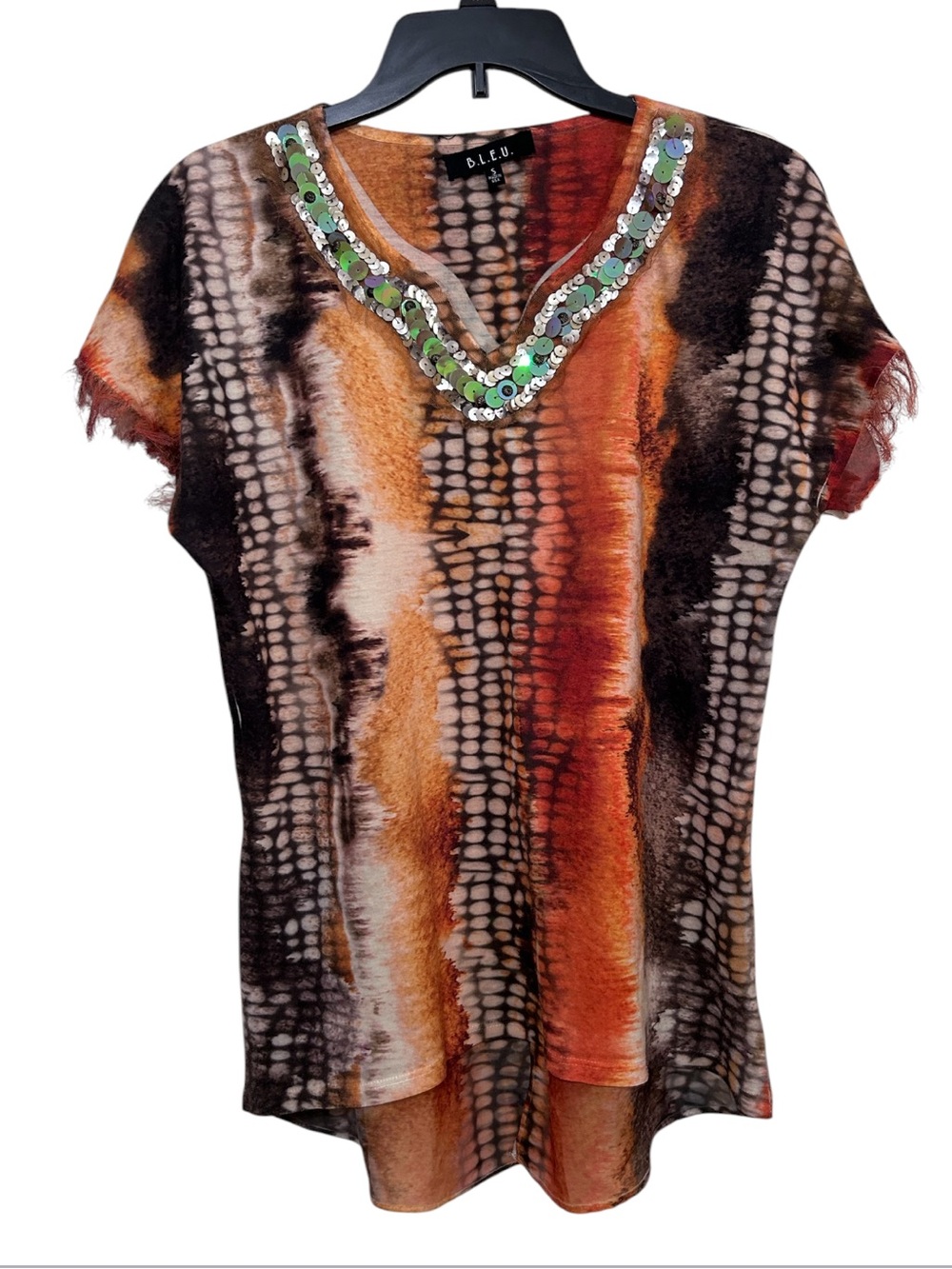 B.L.E.U. Sequin V-Neck Tie-Dye Tunic Top Fringe Trim Size S Made in USA